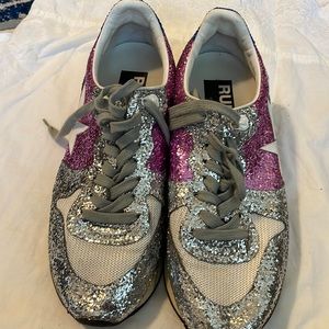 Golden Goose sparkly running shoes, silver /pink, some wear.